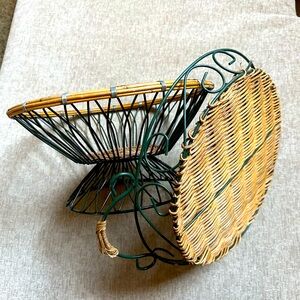 2 Green Wire Baskets with Rattan Bottom and Handles.